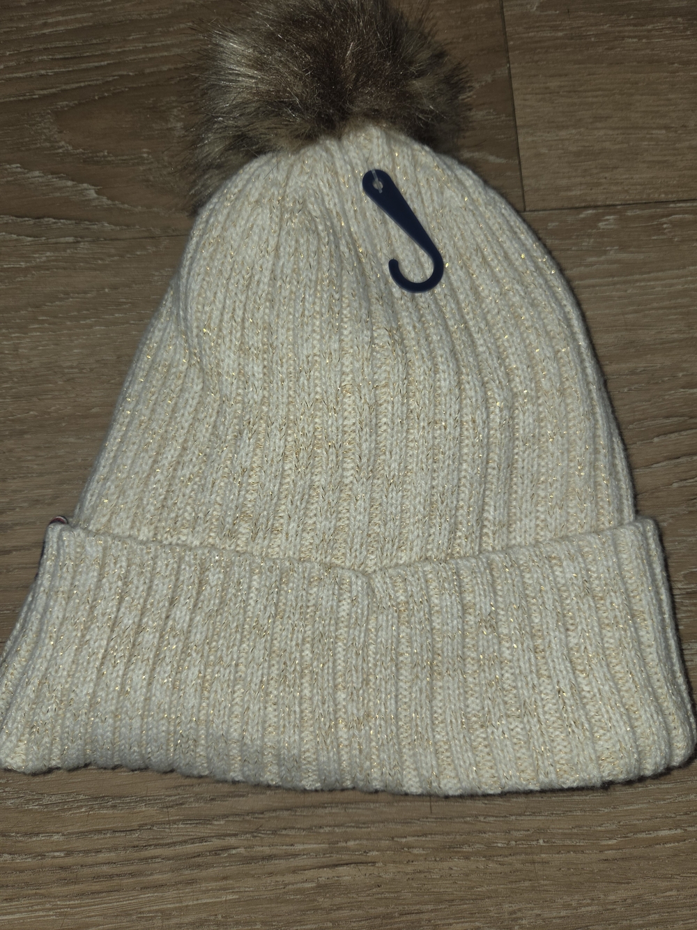 Tommy Hilfiger Cream Knit Pom Beanie with Gold Thread NWT Insulated One Sz